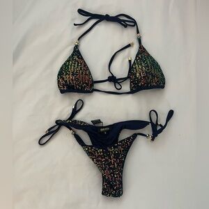 Dolcessa Designer Sequin Bikini  S Navy Iridescent  $190 Retail Resort Swim
